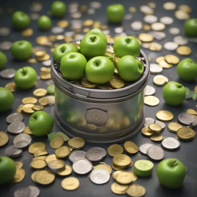 Golden time capsule with coins symbolizing long-term savings and green apples for growth in an HSA