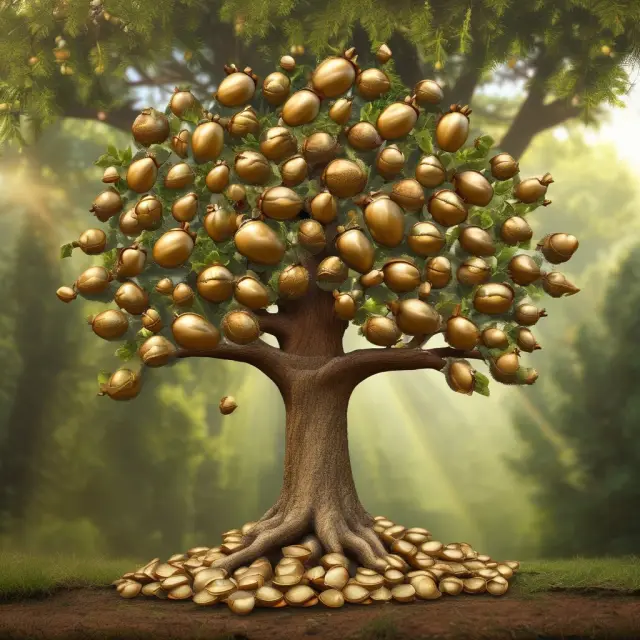 A golden acorn sprouts, nurtured by the sun, growing into a strong tree laden with golden apples symbolizing Health Savings Account benefits