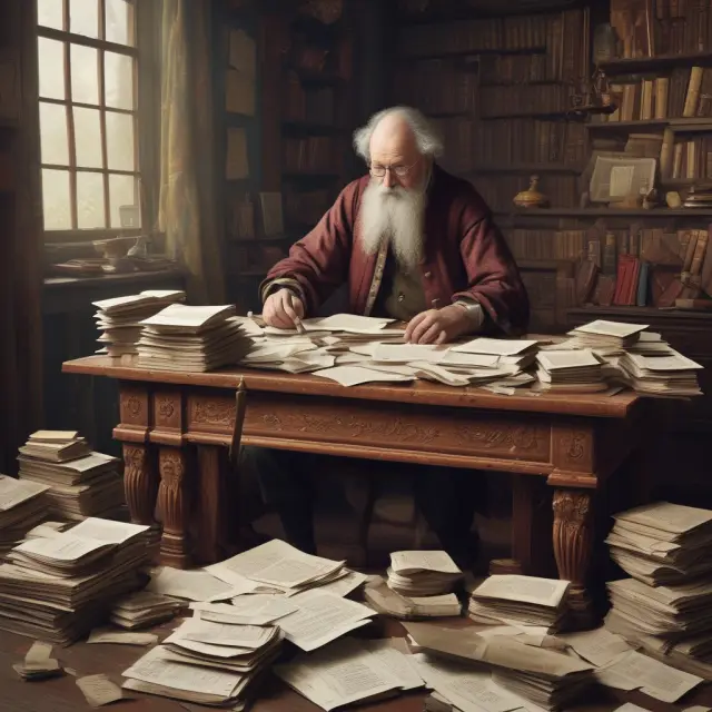 An ancient accountant meticulously sorting records for Health Savings Account administration and compliance
