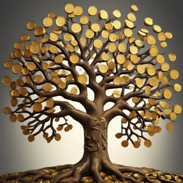 An ancient tree with gold coins branching out, symbolizing HSA growth and financial security