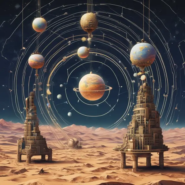 A master fund, represented as a glowing cosmic hub, directs multiple feeder funds, symbolizing individual investment strategies, as spokes around it
