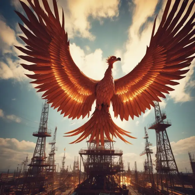 An image of a mythical Phoenix rising above an oil derrick, illustrating the impact of technology on extending the life cycle of oil reserves and accessing more resources.