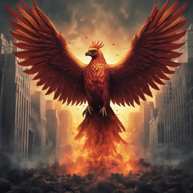 An arrogant phoenix emerging from financial market ashes, representing hubris and its destructive potential.