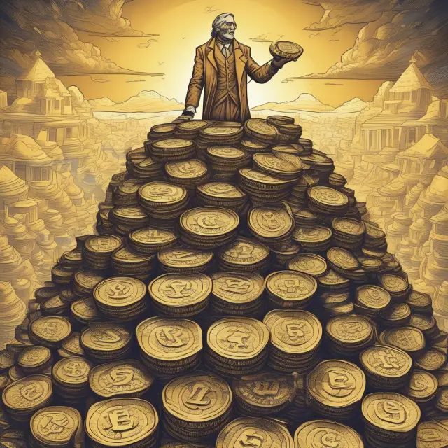 A hubristic investor, atop a tower of gold coins, fails to notice shifting market trends in the background