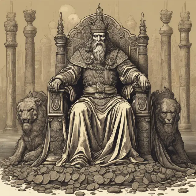 A regal figure seated upon a golden throne adorned with coins, symbolizing the perils of unchecked self-confidence and arrogance in financial contexts.