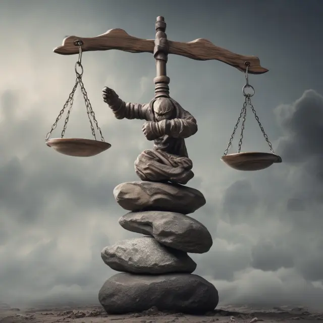 An investor weighs Hubris (prideful, overconfident figure) against Humility (modest, self-aware figure), symbolizing the importance of balancing confidence and humility for financial success.