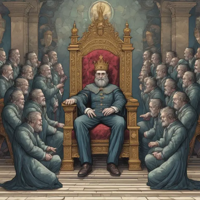 King representing ethics on a throne, surrounded by mirrors reflecting hubris-filled faces of corporate executives, scales tipping towards unethical decisions