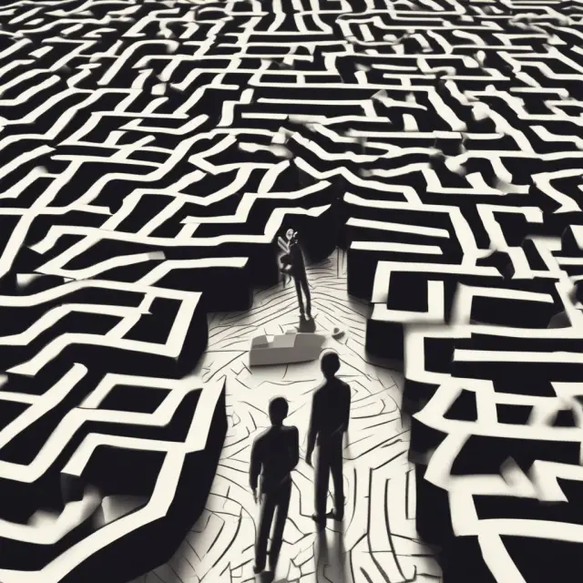 A borrower navigates a labyrinth while holding a HUD-1 form, representing the importance of understanding mortgage transactions to avoid potential risks and legal complications.