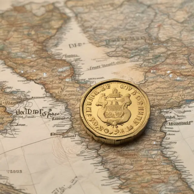 Golden coin representing Hungarian forint suspended between a Euro sign and an ancient map, symbolizing the country