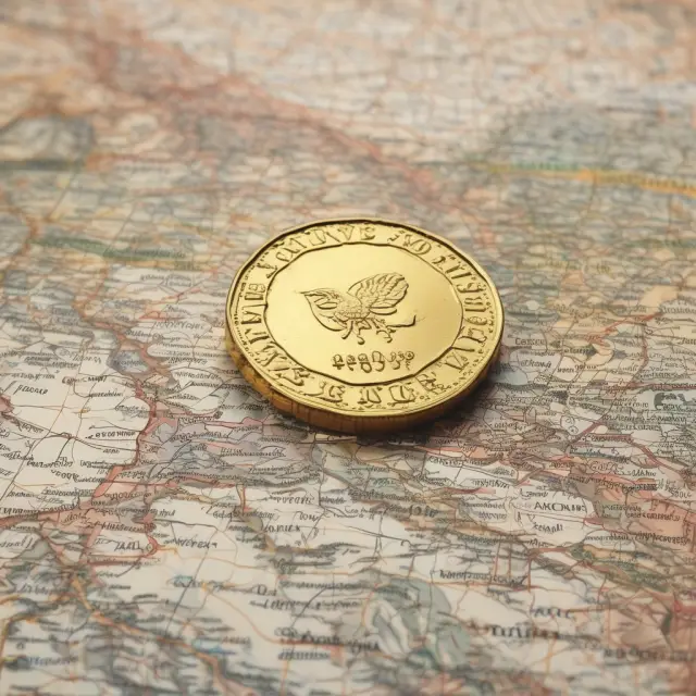 Golden coin symbolizing the Hungarian Forint on a detailed map featuring major trading partners, key industries, and currency exchange rates