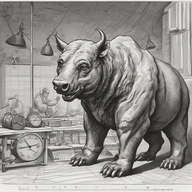 A bull and bear statue engaged in a chess game, with Hulbert ratings guiding them based on Sharpe ratios and performance scoreboards