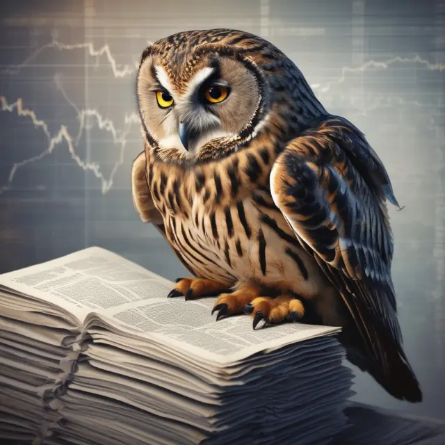 Wise owl comforts investor with investment newsletter among stock charts