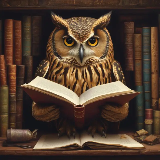 A wise owl carefully evaluates various investment newsletters on an open book to ensure a well-informed decision.