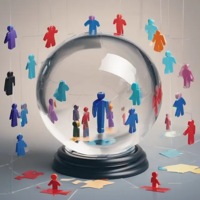 Crystal ball showing labor market trends and employees fitting together puzzle pieces, representing HR planning.