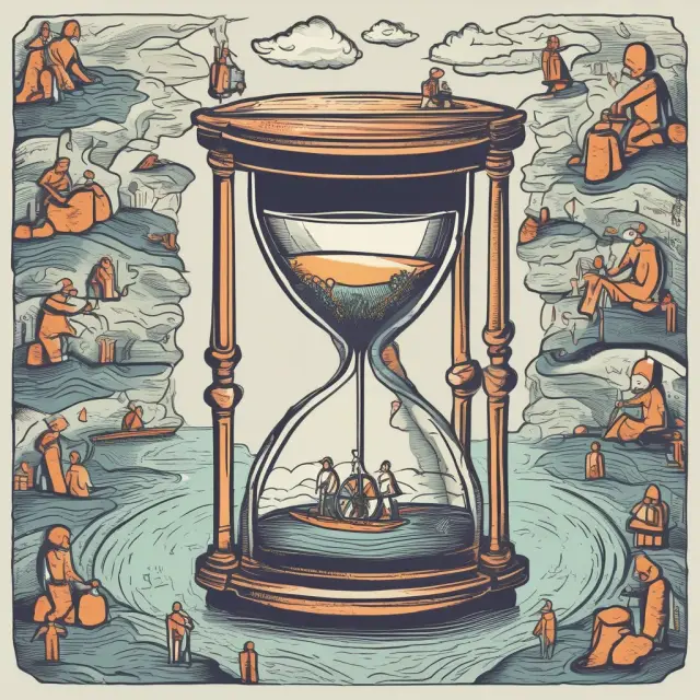 Workers moving through a river, symbolizing migration, and an hourglass illustrating the concept of time, brain drain, and human capital depreciation.