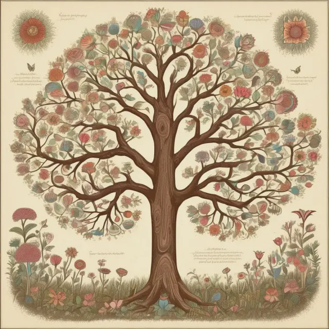 An image of a beautiful garden with four distinct trees representing education, skills development, communication, and health growing from seeds.
