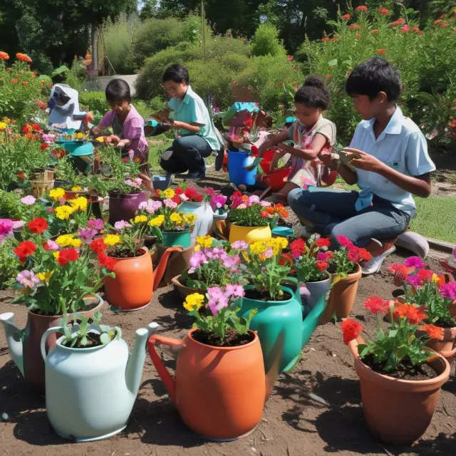 Garden representing human capital investment: Employees growing as flowers amidst training programs, education initiatives, health benefits, and diversity & inclusion.