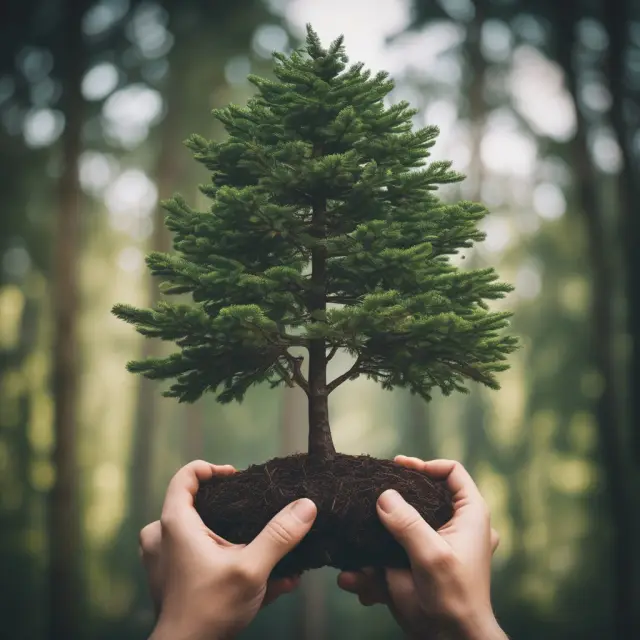 Image of an evergreen tree growing between two outstretched hands, representing the growth and development of human capital within a successful organization.