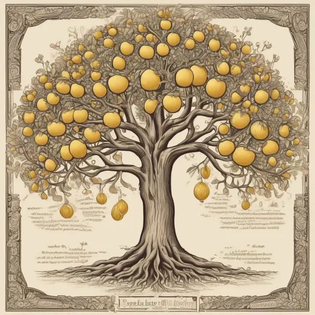 Visual representation of the human-life approach: A family tree with roots representing wages, branches bearing golden fruits for financial security, and leaves as insured lives growing into adulthood