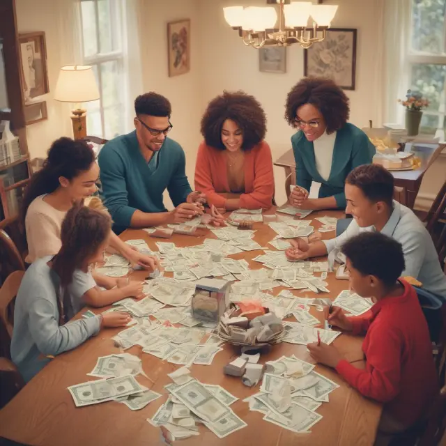 A family at the table calculating their net income by subtracting taxes and annual living expenses.