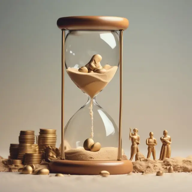 Golden coins symbolizing net salary and a sand hourglass illustrating time in the human-life approach calculation