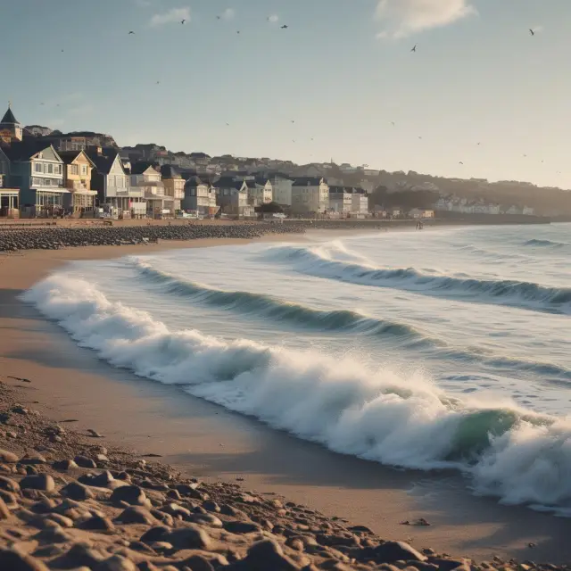 Waves representing human capital on a shoreline with a seaside town symbolizing effective HRM strategies.