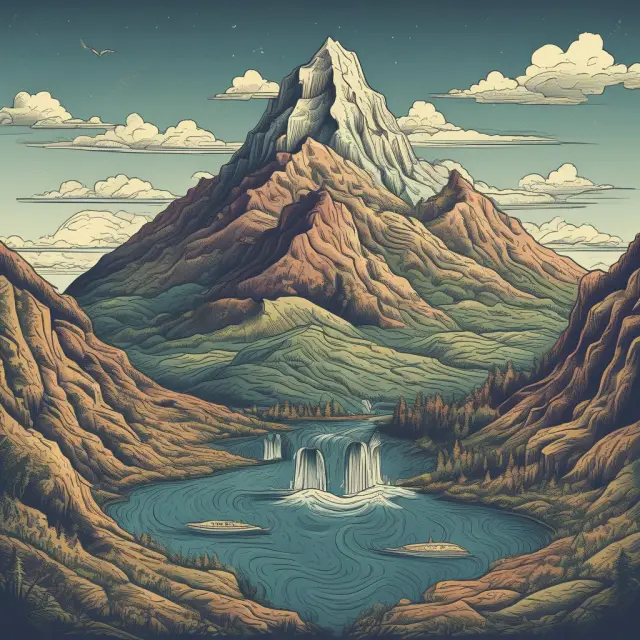 Metaphorical image: A mountain peak representing the unusual humped yield curve amidst winding rivers symbolizing short-term bonds and expansive seas portraying long-term bonds.