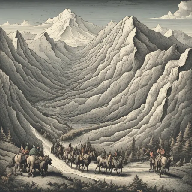 Investors surmounting the challenges presented by a humped yield curve, each group depicted with unique symbols, on a metaphorical mountain range