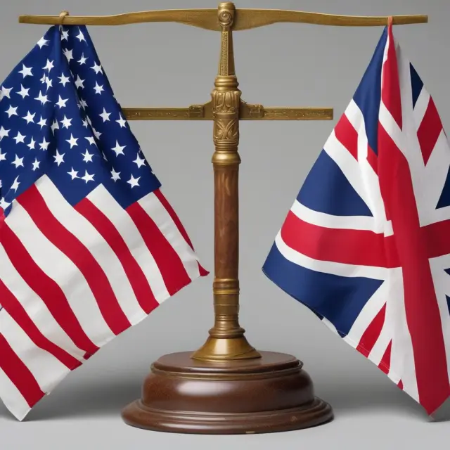 Two scales, one with the American flag, representing 100 pounds CWT; the other with the British flag, depicting 112 pounds CWT. Illustrating their respective differences in international trade