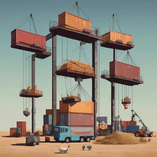 Scales with livestock, grains, oil seeds, steel, and containers depicting commodities traded by hundredweight in various industries.