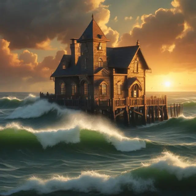 Image of a house protected by golden shields during a stormy sea, representing hurricane insurance.