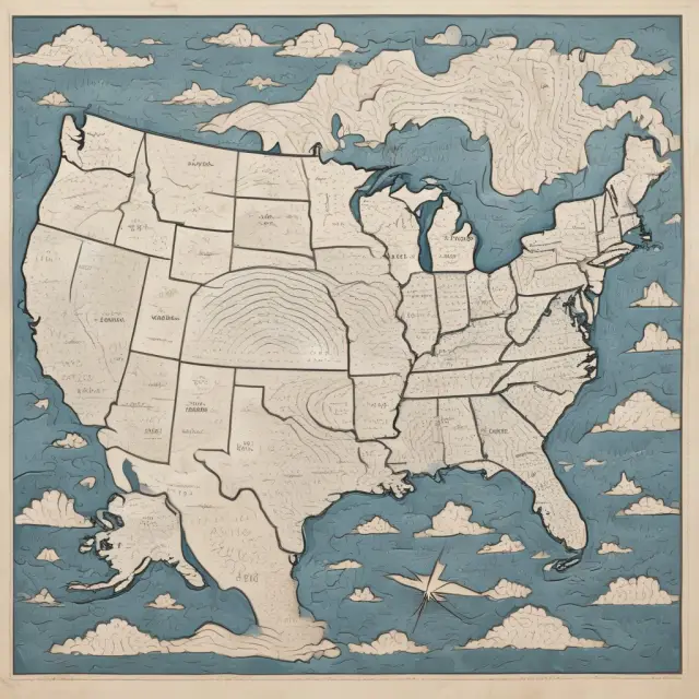 Map illustrating the 19 US states with hurricane deductibles surrounded by water, symbolizing their susceptibility to hurricanes.