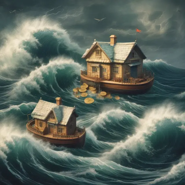 Visualizing hurricane deductibles: stormy sea symbolizes percentage scale, boats represent homes, homeowners balancing coins as deductions