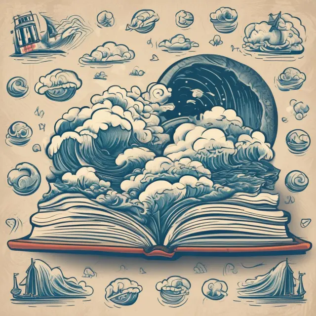 A visualization of frequently asked questions about hurricane insurance, represented as turbulent sea waves with hurricane symbols swirling around an open book.
