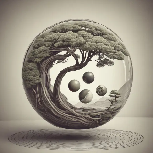 Yin-yang orb representing hybrid annuities, combining fixed and variable components in retirement investing
