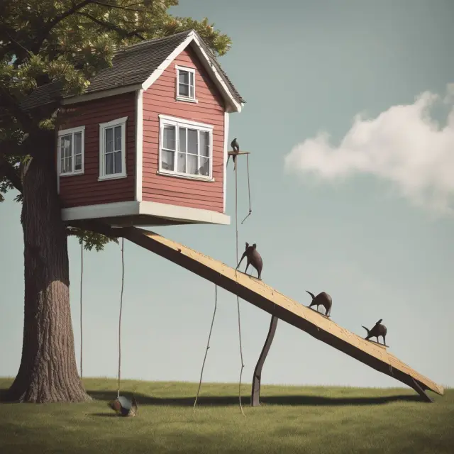 A seesaw illustrates the balance between fixed and variable interest rates in hybrid ARMs. Homeowner adjusts the seesaw to manage risks via rate caps, contingencies, refinancing, and monitoring.