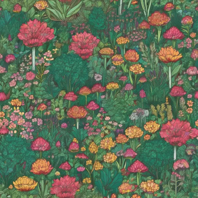 A lush garden with a mix of stocks (flowers) and bonds (rocks), symbolizing hybrid funds