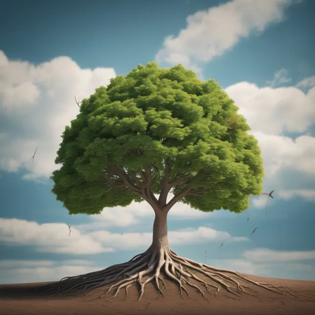 A pair of sturdy trees representing Vanguard Balanced Index Fund and T. Rowe Price Retirement 2060 Fund, growing in a garden filled with stocks and bonds