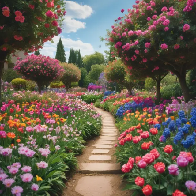 A colorful garden featuring flowers symbolizing different investment vehicles: hybrid funds, mutual funds, ETFs, and index funds.