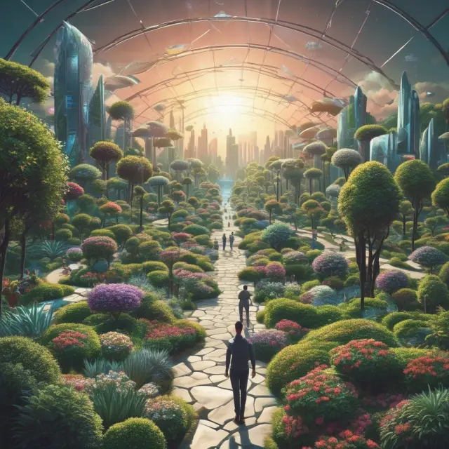 A blooming garden representing the future of hybrid funds with smart beta, factor investing, alternative data, thematic ETFs, and index funds as vibrant flowers.