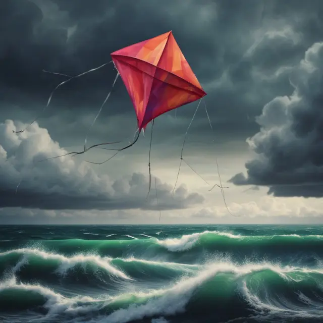 A kite symbolizing hybrid securities navigates a stormy sea, highlighting its risks (deferred interest payments and market volatility) and potential rewards.