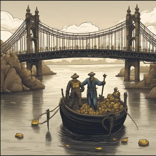 A bridge connecting two lands, representing traditional securities and hybrid securities. Investors and brokers sail between them in a boat, trading gold coins symbolizing transactions.