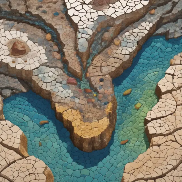 A fractured rock with water, chemicals, and proppant particles forming a vibrant mosaic within the cracks