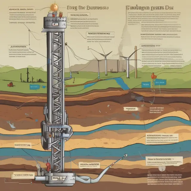 A visualization of the hydraulic fracturing process: drilling a wellbore, injecting fluid, propping cracks with sand or ceramic particles, flowback, and production.