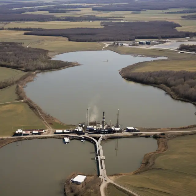 Image of a polluted water source merging with a clean one amidst a fracking landscape, with regulatory symbols nearby