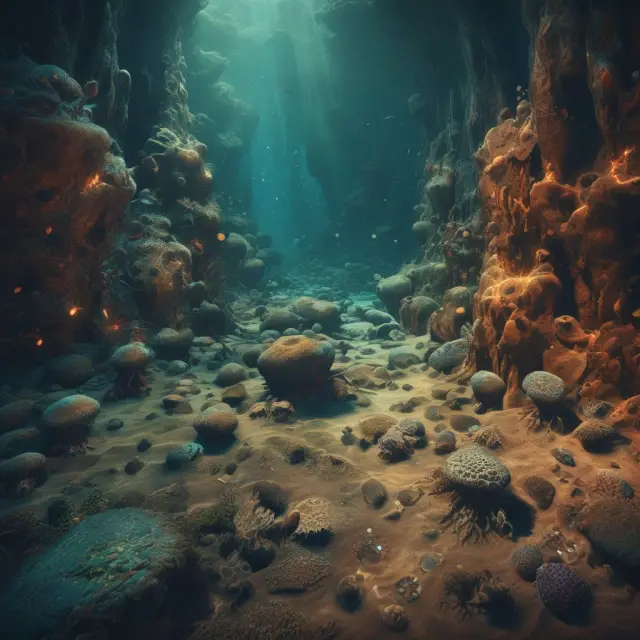 An image of marine fossils becoming hydrocarbon droplets within geological formations, illustrating the formation process