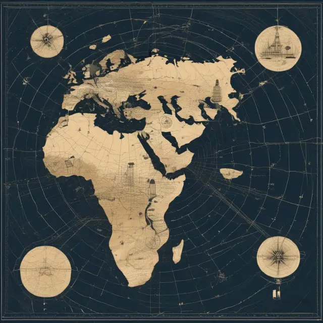 Seven oil rigs representing major hydrocarbon companies influencing the global economy with a connected, constellation-like formation around the Earth