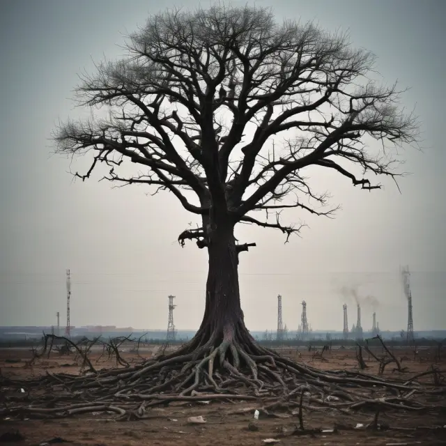 A dying tree surrounded by oil rigs, pipelines, and fracking sites symbolizing the environmental impact of hydrocarbons on our planet