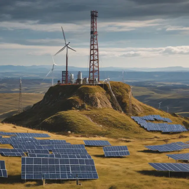 A striking image of an oil derrick and solar panel plant working together on a windswept hillside, illustrating the shift from traditional hydrocarbon-based energy sources to renewable alternatives
