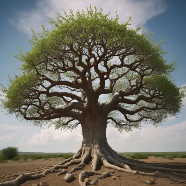 Ancient tree with fossilized petroleum drops and solar panels, signifying FAQs about hydrocarbons and renewables